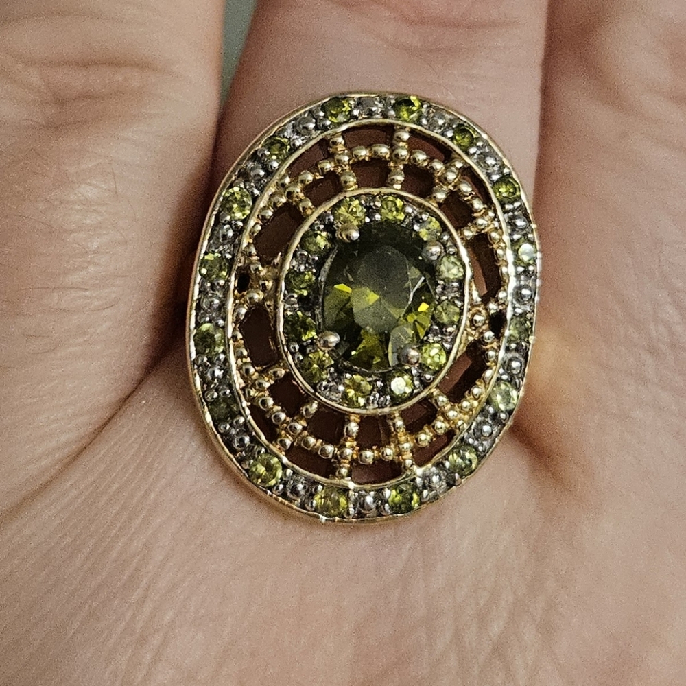 Peridot Cocktail Ring Size 9.25 Gold Plated 925 Sterling Silver Halo Statement